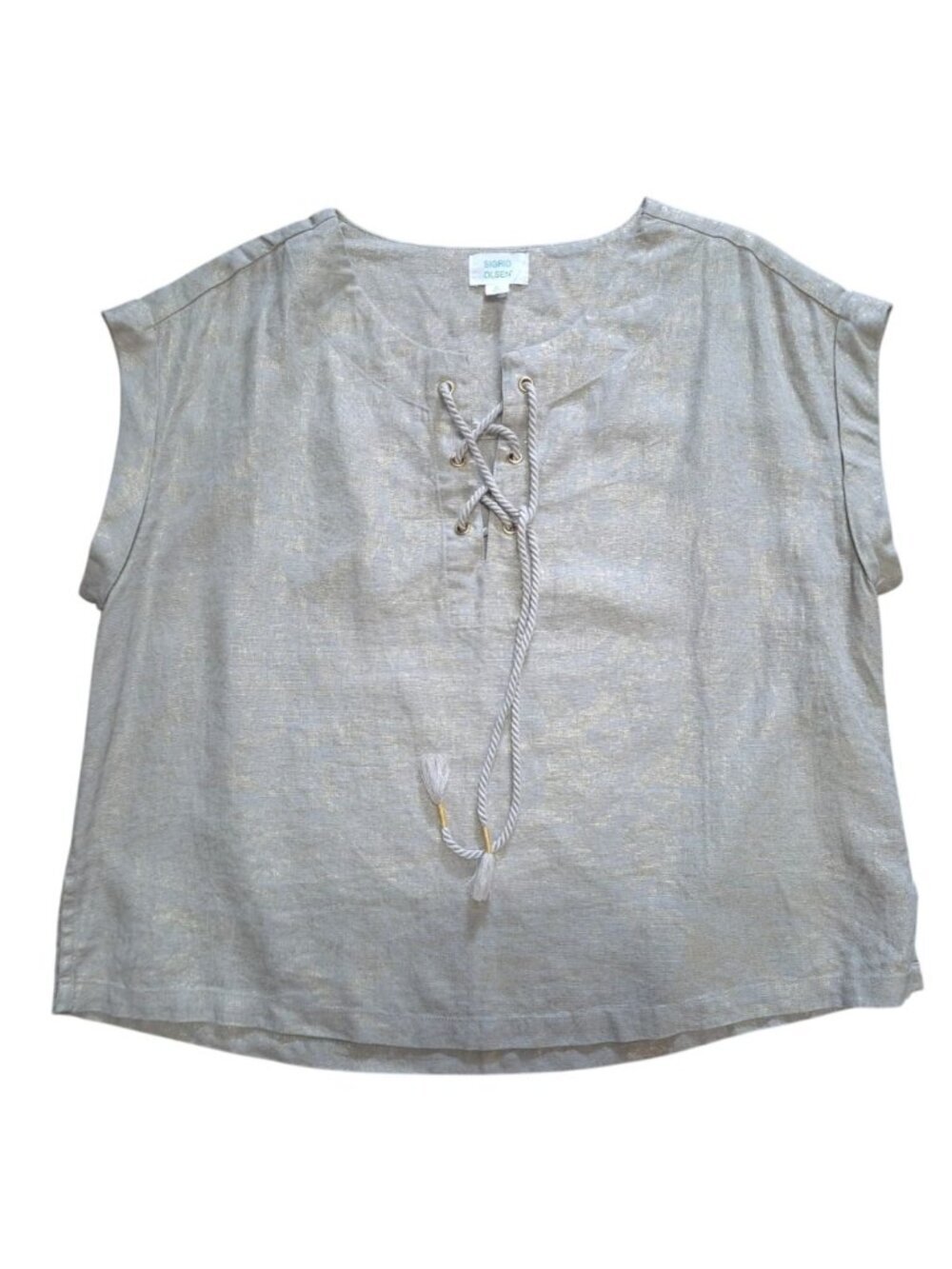 Sigrid Olsen Linen Blend beige Metallic Gold Blouse Lace-Up Size M Cap Sleeve